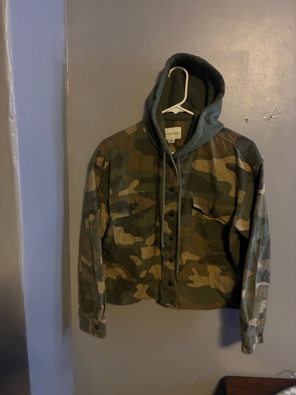 American Eagle Green and Brown Camo Hooded Jacket